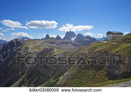Stock Photo - "Refugio Auronzo Alpine hut, Three Peaks, Sextner Dolomiten, South Tyrol province, Trentino-Alto Adige, Italy, Europe". Fotosearch