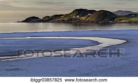 Stock Photography - "Refviksanden Beach with estuary in the evening light, Vagsoy island, Sogn og Fjordane, Norway, Europe". Fotosearch