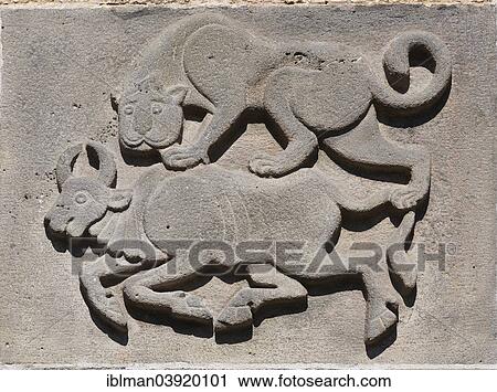 Stock Image - "Relief, a lion and a bull, Great Mosque, Ulu Camii, Diyarbakir, Southeastern Anatolia Region, Anatolia, Turkey, Asia". Fotosearch