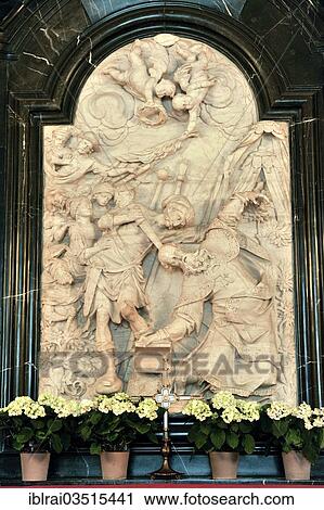 Stock Image - "Relief image of the strike of the sword by Johann Neudecker, altar on the grave of the Apostle St. Boniface, St. Boniface Crypt, Cathedral of St. Salvator, Fulda, Hesse, Germany, Europe". Fotosearch