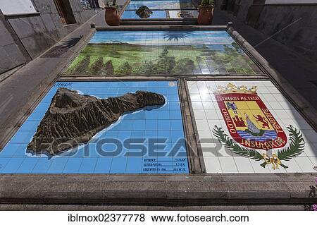 Stock Photo - "Relief of the individual islands of the Canaries, here: Tenerife, Plaza de San Roque, Firgas, Gran Canaria, Canary Islands, Spain, Europe, PublicGround, Europe". Fotosearch