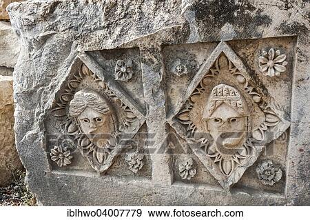 Stock Photo - "Reliefs on stone block from the Roman amphitheatre, ancient city of Myra, Demre, Antalya Province, Turkey, Asia". Fotosearch