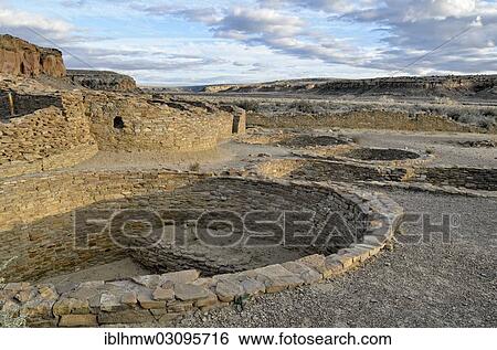Stock Photograph - "Remains of walls Ruins of the walls of houses and kivas in the evening sun, historic Anasazi settlement, Chetro Ketl, 950-1250 A. D, Chaco Culture National Historical Park, Nageezi, New Mexico, United States, North America". Fotosearch