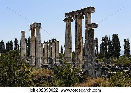 Stock Image - "Remnants and columns at the Temple of Aphrodite, Aphrodisias, Geyre, Karacasu, Aydin, Western Turkey, Turkey, Asia". Fotosearch