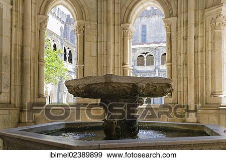 Stock Photo - "Renaissance water basin within the Gothic fountain house, interior of Mosteiro de Santa Maria de Alcobaca, Alcobaca Monastery, Alcobaca, Oeste, Leiria District, Portugal, Europe". Fotosearch