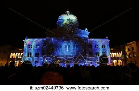 Stock Photograph - "Rendez-vous Bern, Bundesplatz square, light installation, canton of Bern, Switzerland, Europe". Fotosearch