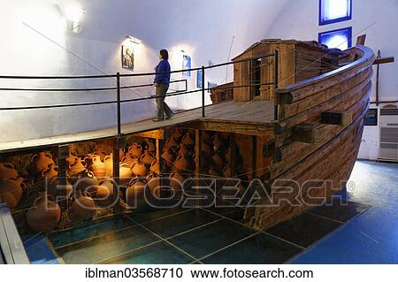 Stock Image - "Replica of a Byzantine ship from 626, Museum of Underwater Archaeology in the Castle of St. Peter from the Knights of St. John, Bodrum, Mugla Province, Aegean region, Turkey, Asia". Fotosearch