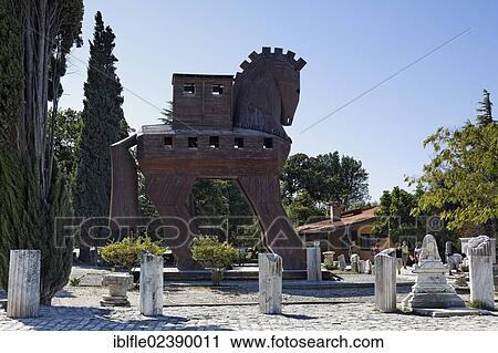 Stock Image - "Replica of a Trojan horse at the entrance to the ancient city of Troy, Truva, UNESCO World Heritage Site, Canakkale, Canakkale, Marmara, Turkey, Asia". Fotosearch
