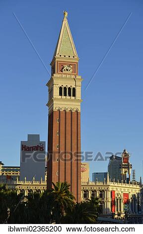 Stock Image - "Replica of the St Mark's Campanile, bell tower, The Venetian Resort Hotel, 5-star luxury hotel, Las Vegas, Nevada, United States of America, USA, PublicGround". Fotosearch