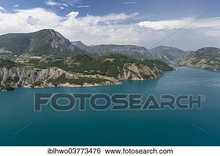 Stock Photograph - "Reservoir Lac de Serre-Poncon, Le Sauze-du-Lac, Provence-Alpes-Cote d'Azur, French Western Alps, France, Europe". Fotosearch