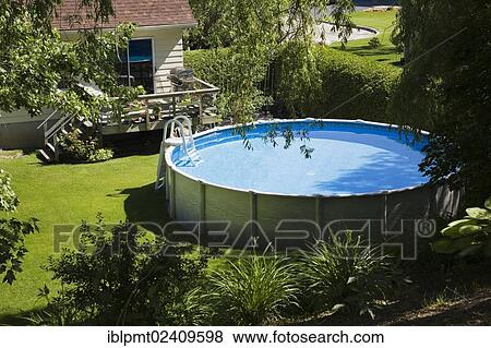 "Residential backyard with an above ground swimming pool and house, Quebec, Canada, North America" View Large Photo Image Stock Photo - "Residential backyard with an above ground swimming pool and house, Quebec, Canada, North America". Fotosearch