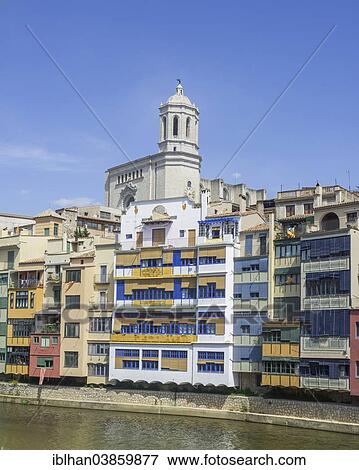Stock Photo - "Residential buildings on the Onyar River, Girona Cathedral at the back, Girona, Catalonia, Spain, Europe". Fotosearch