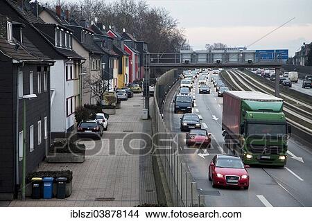 Picture - "Residential houses bordering Ruhrschnellweg, A40 motorway in the town centre of Essen, Ruhr Area, North Rhine-Westphalia, Germany, Europe". Fotosearch