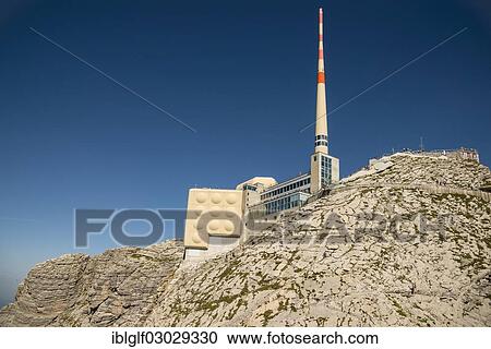 Stock Image - "Restaurant and observatory with an antenna on Saentis Mountain, Gipfel, Santis, Canton of Appenzell Ausserrhoden, Switzerland, Europe". Fotosearch