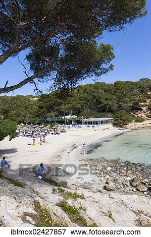 Stock Photo - "Restaurant at the hidden beach of Portals Vells, Three Finger Bay, Cala Portals Vells, Cala Mago, Majorca, Balearic Islands, Spain, Europe". Fotosearch