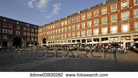 Stock Image - "Restaurants in the evening, Plaza Mayor, Madrid, Spain, Europe". Fotosearch