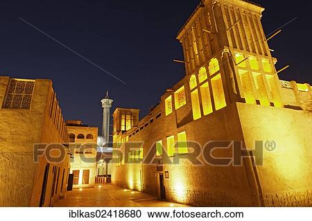 Restored wind tower houses and a mosque, old Bastakiya district, Bur Dubai, United Arab Emirates, Middle East, Asia View Large Photo Image Stock Image - Restored wind tower houses and a mosque, old Bastakiya district, Bur Dubai, United Arab Emirates, Middle East, Asia. Fotosearch
