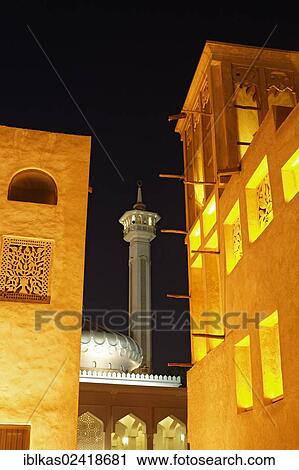 Restored wind tower houses and a mosque, old Bastakiya district, Bur Dubai, United Arab Emirates, Middle East, Asia View Large Photo Image Stock Image - Restored wind tower houses and a mosque, old Bastakiya district, Bur Dubai, United Arab Emirates, Middle East, Asia. Fotosearch