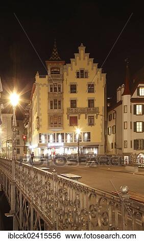 Reusssteg promenade at night, historic town centre of Lucerne, Switzerland, Europe View Large Photo Image Stock Photograph - Reusssteg promenade at night, historic town centre of Lucerne, Switzerland, Europe. Fotosearch