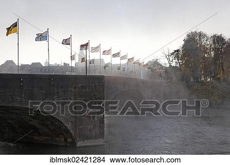 Picture - Rheinbruecke bridge und Rheinfelden AG in the morning mist, Rheinfelden - Baden, Baden-Wuerttemberg, Germany, Europe. Fotosearch