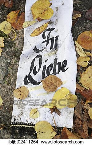 "Ribbon with the message In Liebe, German for In Love, and autumn leaves on a grave" View Large Photo Image Picture - "Ribbon with the message In Liebe, German for In Love, and autumn leaves on a grave". Fotosearch