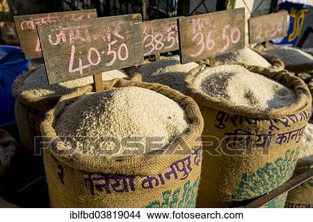 Picture - "Rice in different qualities for sale in bags at an open air market, Mumbai, Maharashtra, India, Asia". Fotosearch