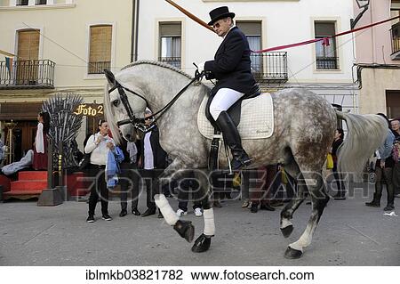 Stock Image - "Rider on Andalusian horse at the annual All Saints Market in Cocentaina, Alicante province, Spain, Europe". Fotosearch