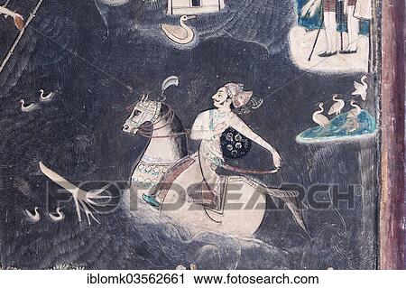 "Rider on horseback crossing a river, wall painting or fresco painted with natural colours from the Bundikalam school of painting, Chitrashala or Pavilion of the Paintings, Taragarh Fort, Bundi, Rajasthan, India, Asia" View Large Photo Image Stock Image - "Rider on horseback crossing a river, wall painting or fresco painted with natural colours from the Bundikalam school of painting, Chitrashala or Pavilion of the Paintings, Taragarh Fort, Bundi, Rajasthan, India, Asia". Fotosearch