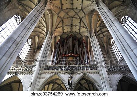 Stock Photo - "Rieger organ, completed in 1997, and vaulted ceiling of the late-gothic three-naved hall church, St. George's Minster, 1499, Dinkelsbuhl, Middle Franconia, Bavaria, Germany, Europe". Fotosearch