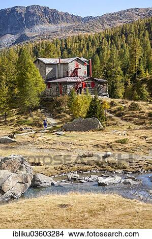 Picture - "Rifugio Bosio mountain hut on the Sentiero Roma high route, Val Airale, Sondrio province, Lombardy, Italy, Europe". Fotosearch
