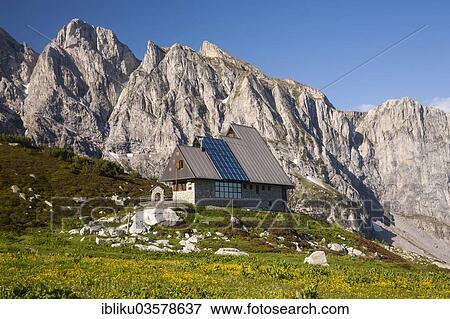 Stock Photo - "Rifugio Garelli mountain hut in front of the northern face of Punta Marguareis Mountain, Alta Valle Pesio e Tanaro Regional Park, Cuneo province, Piedmont, Italy, Europe". Fotosearch