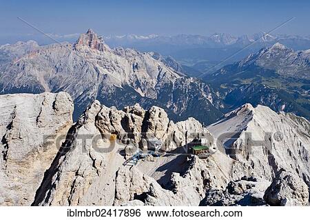 Rifugio Lorenzi Mountain Shelter And Forcella Staunies Hohe Gaisl Mountain At The Back Fixed Rope Route Belluno Dolomites Italy Europe Stock Photograph Iblmbr Fotosearch