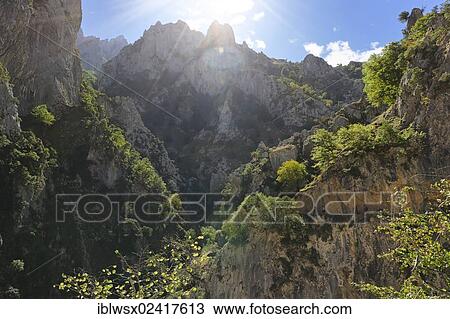 Stock Image - Rio Cares Gorge, limestone massif of the Picos de Europa, hikers, Picos de Europa National Park, Cantabrian Mountains, Cantabria, Northern Spain, Spain, Europe, PublicGround, Europe. Fotosearch