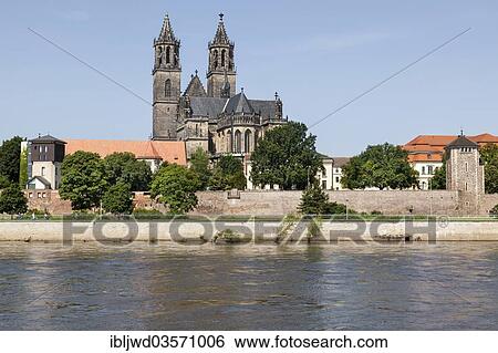 Stock Photograph - "River Elbe with Magdeburg Cathedral and Furstenwall, Magdeburg, Saxony-Anhalt, Germany, Europe". Fotosearch