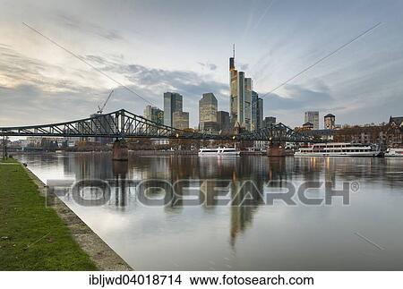 "River Main with the modern skyline of the Financial District and the Iron Bridge, Frankfurt am Main, Hessen, Germany, Europe" View Large Photo Image Picture - "River Main with the modern skyline of the Financial District and the Iron Bridge, Frankfurt am Main, Hessen, Germany, Europe". Fotosearch