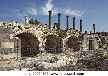 "Road for vendors underneath the pillars of the church terrace and the main church, basilica, ancient town of Gadara, Umm Qais, Jordan, Asia" View Large Photo Image Stock Photograph - "Road for vendors underneath the pillars of the church terrace and the main church, basilica, ancient town of Gadara, Umm Qais, Jordan, Asia". Fotosearch
