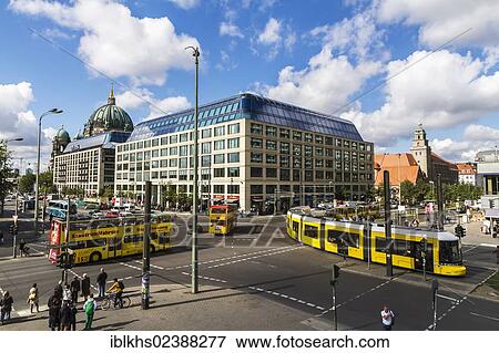 Stock Photo - "Road junction, corner of Karl-Liebknecht-Strasse street and Spandauer Strasse street, Mitte district, Berlin Cathedral at the back, Berlin, Germany, Europe". Fotosearch
