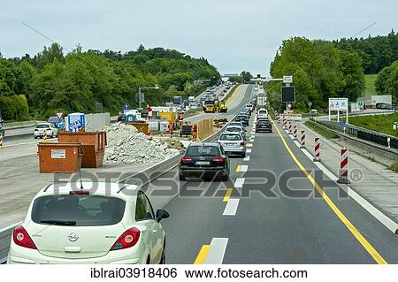 Stock Photograph - "Road narrowing at a road works, A9 motorway near Paunzhausen, Upper Bavaria, Bavaria, Germany, Europe". Fotosearch