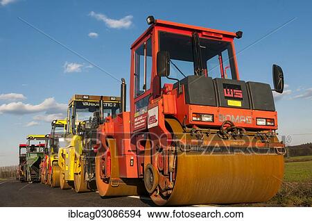 Picture - "Road rollers or roller-compactors for tarmacking, Gotzenhain, Dreieich, Hesse, Germany, Europe". Fotosearch