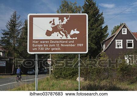 Stock Image - "Road sign German unity, border of Thuringia-Saxony, Ellrich, Thuringia, Germany, Europe". Fotosearch