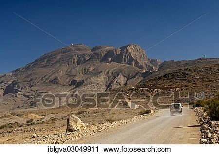 Stock Image - "Road to Jebel Harim with a radar station, the highest mountain on the Musandam Peninsula, Musandam Governorate, Oman, Asia". Fotosearch