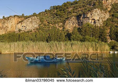 "Rock Tombs of Kaunos, early morning on the Dalyan River, Dalyan, Mugla Province, Turkish Riviera or Turquoise Coast, Aegean, Turkey, Asia" View Large Photo Image Stock Photography - "Rock Tombs of Kaunos, early morning on the Dalyan River, Dalyan, Mugla Province, Turkish Riviera or Turquoise Coast, Aegean, Turkey, Asia". Fotosearch