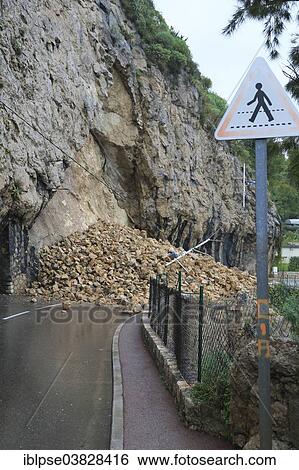 Stock Photograph - "Rockfall after heavy rains on the road between Monaco and Roquebrune Cap Martin, Provence-Alpes-Cote d'Azur Region, Departement Alpes-Maritimes, France, Europe". Fotosearch