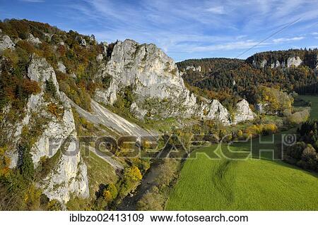 Stock Photo - Rocky landscape in the Upper Danube Valley, autumn mood, Stiegelesfels Nature Reserve, Upper Danube Nature Park, Swabian Alb, Baden-Wuerttemberg, Germany, Europe. Fotosearch
