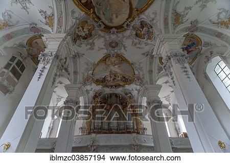 Picture - "Rococo-style ceiling frescoes and organ, St. George's Abbey, Isny, Allgau, Bavaria, Germany, Europe". Fotosearch