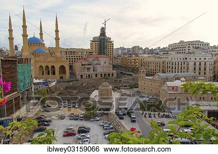 Stock Photograph - "Roman excavations in front of the Mohammed al-Amin Mosque, next to St. George's Cathedral and the Al Nourieh Shrine, Beirut, Lebanon, Asia". Fotosearch