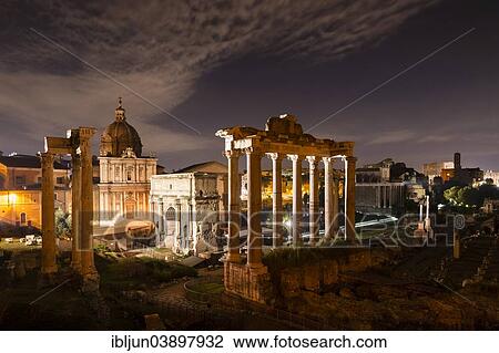 "Roman Forum with the Temple of Vespasian, the Arch of Septimius Severus, the Temple of Saturn, Church of Santi Luca e Martina, at the back the Church of Santa Francesca Romana and the Colosseum, at night, Rome, Lazio, Italy, Europe" View Large Photo Image Stock Image - "Roman Forum with the Temple of Vespasian, the Arch of Septimius Severus, the Temple of Saturn, Church of Santi Luca e Martina, at the back the Church of Santa Francesca Romana and the Colosseum, at night, Rome, Lazio, Italy, Europe". Fotosearch