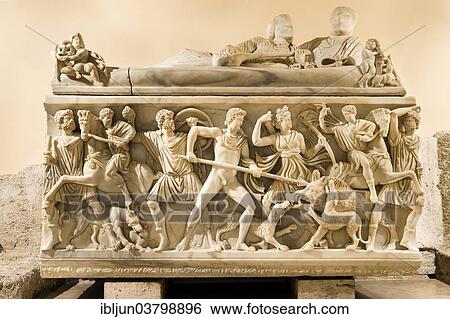 Stock Photograph - "Roman sarcophagus depicting the Calydonian Hunt, Capitoline Museums, Capitoline Hill, Rome, Lazio, Italy, Europe". Fotosearch