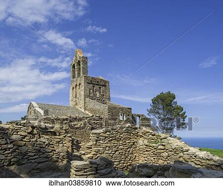 Stock Image - "Romanesque Church of Santa Helena de Rodes, near El Port de la Selva, Cap de Creus Natural Park, Catalonia region, Spain, Europe". Fotosearch
