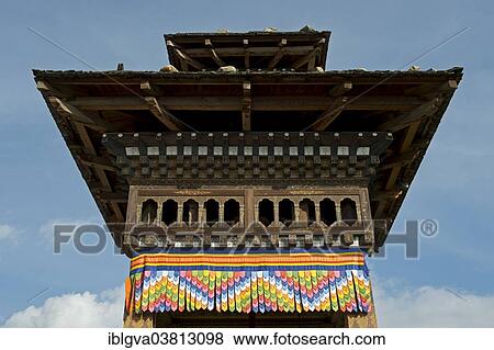 Stock Photo - "Roof of a Buddhist prayer wheel, at the Taj Tashi Hotel, Thimphu, Bhutan, Asia". Fotosearch